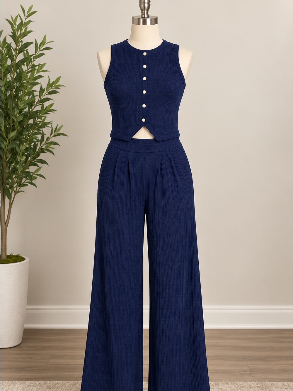 Sleeveless Navy Wide-Leg Jumpsuit